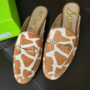 Sam Edelman Giraffe Print Leather Mules in White and Brown